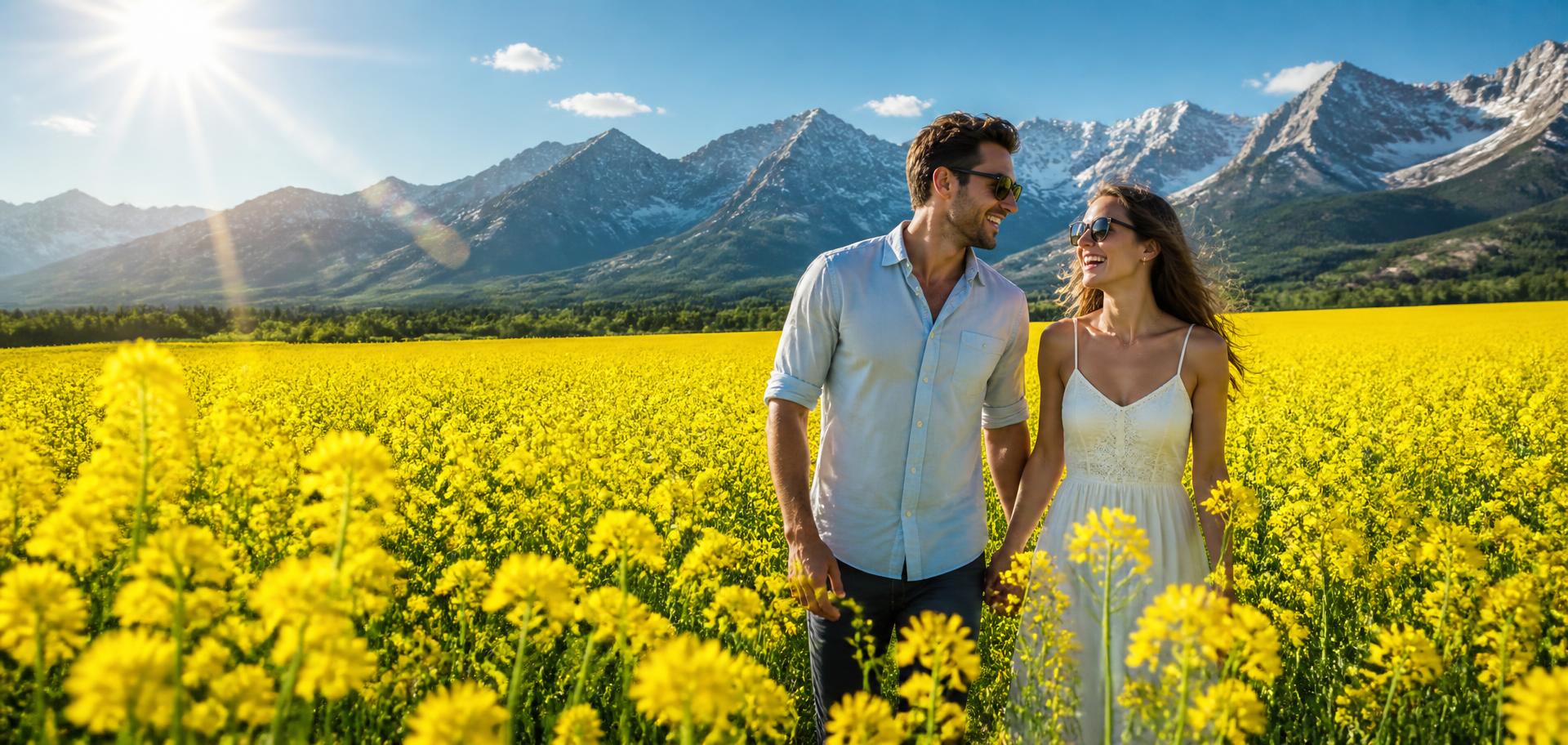 A smiling couple walking through a blooming yellow canola field with the Rocky Mountains and bright sun behind