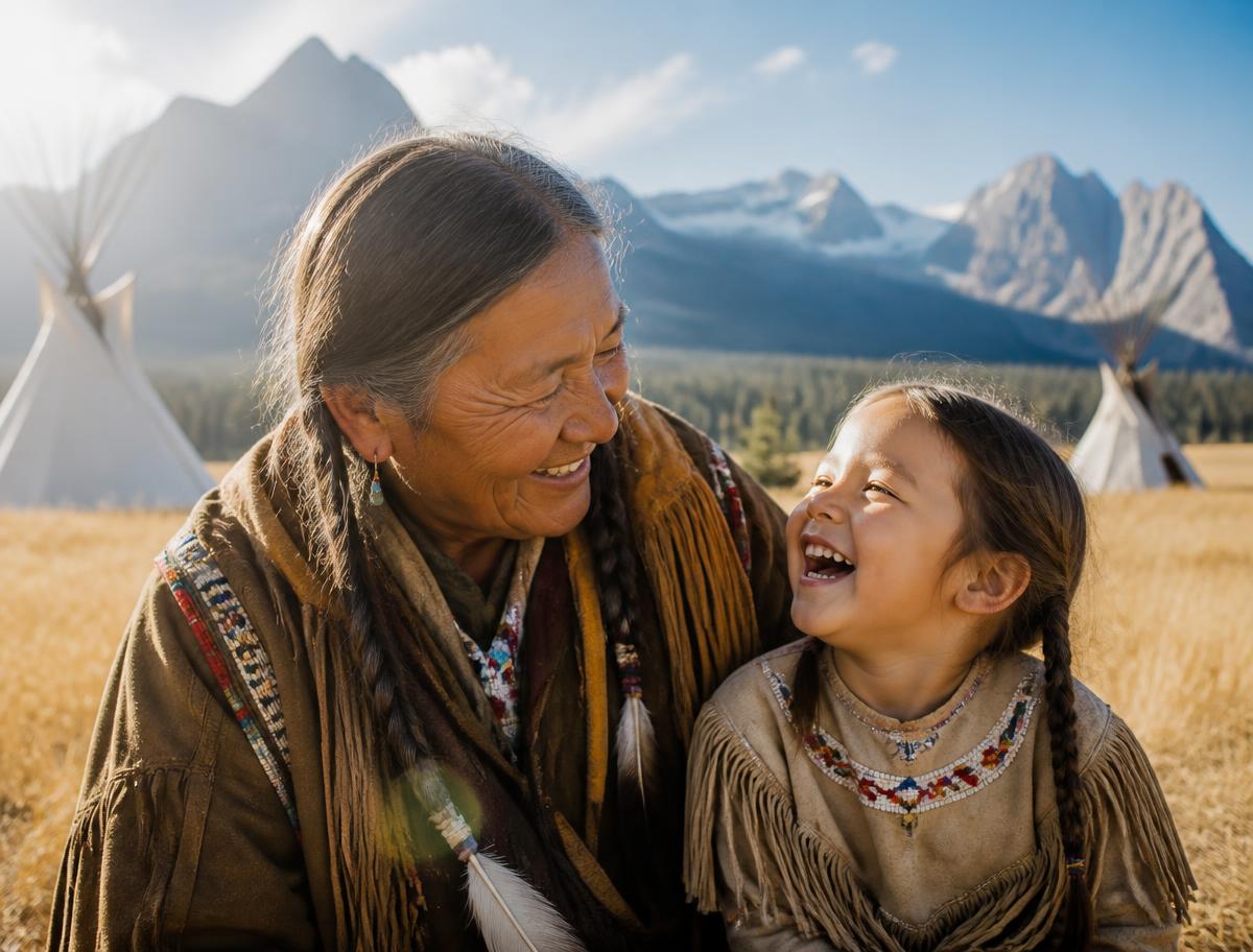 A First Nations elder and child laughing together in the Alberta foothills with the Rockies behind