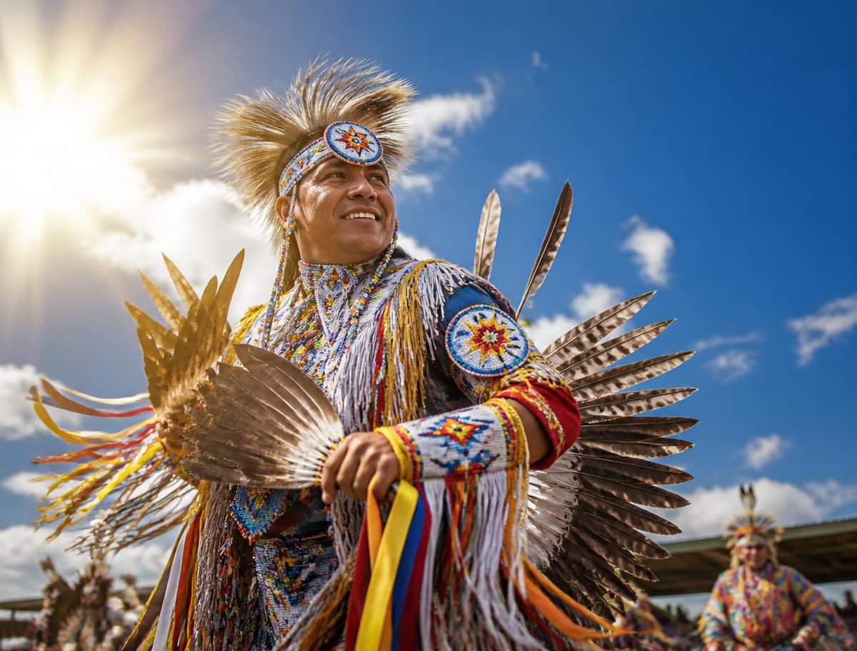 A First Nations powwow dancer in vivid regalia smiling under a bright Alberta sky