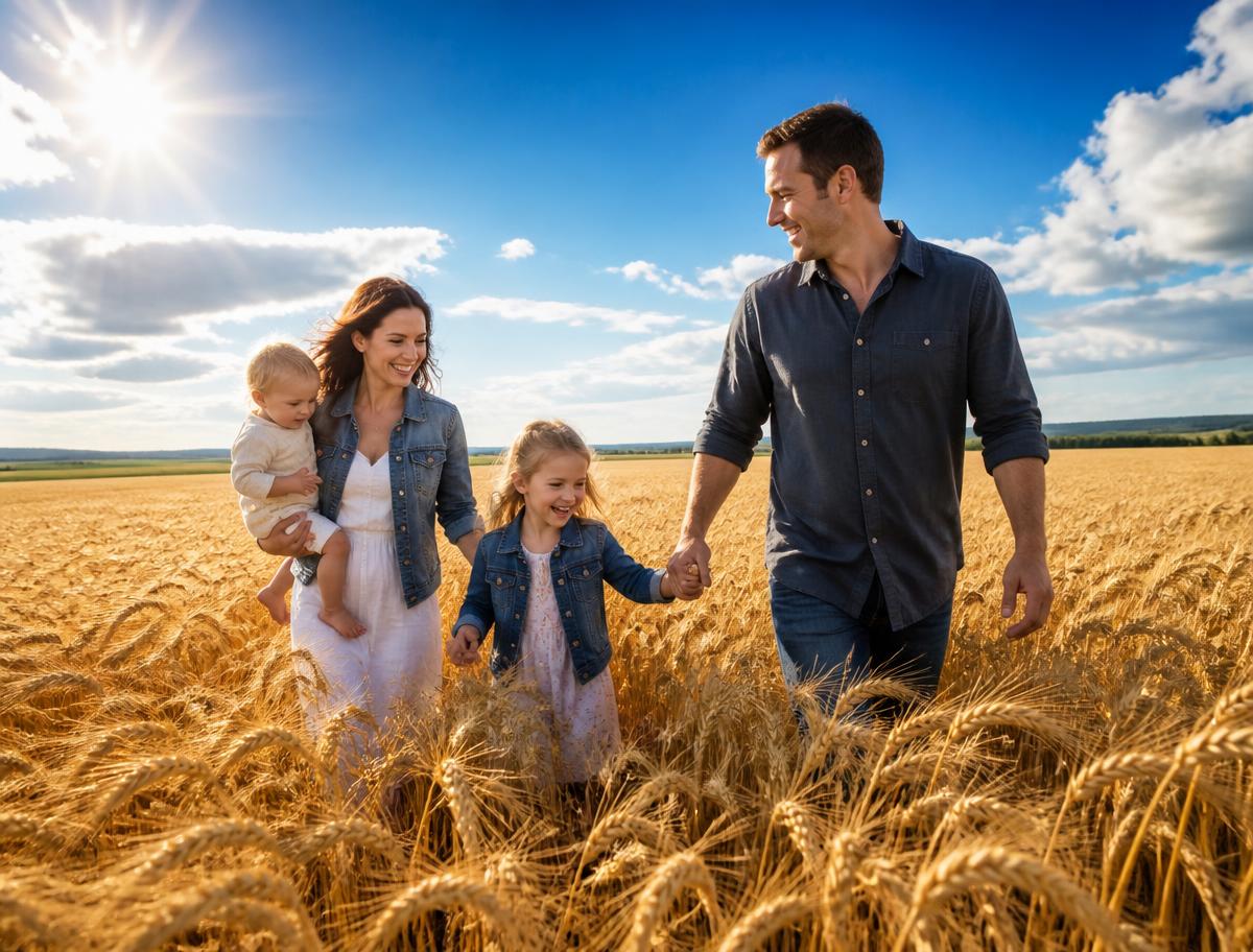 A happy family walking through a golden Alberta wheat field under blue sky